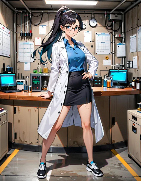 masterpiece, best quality, 1girl, solo, tall body, scientist, mad scientist, (white lab coat), pencil skirt, shoes, (dress shirt, blue shirt), glasses, black hair, ponytail, long hair, hazel eyes, freckles, scheming pose, professional, laboratory backdrop,...