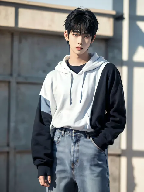 1 Korean young men,anatomically correct，male，20 years old，oversized gray hoodie，black denim trousers,(((blue clothes)))，(((Black clothes)))，(((White clothes))),(((Super stylish)))，Fashionista，(((He is good at dressing up)))，(((standing)))，Ill-white premium...