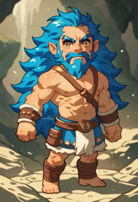 solo human man, 30 years old, (((dressed like a caveman))), messy long hair, blue hair, frowning, muscular, standing in a cave, small blue beard, animal hide wristbands, (((chibi)))