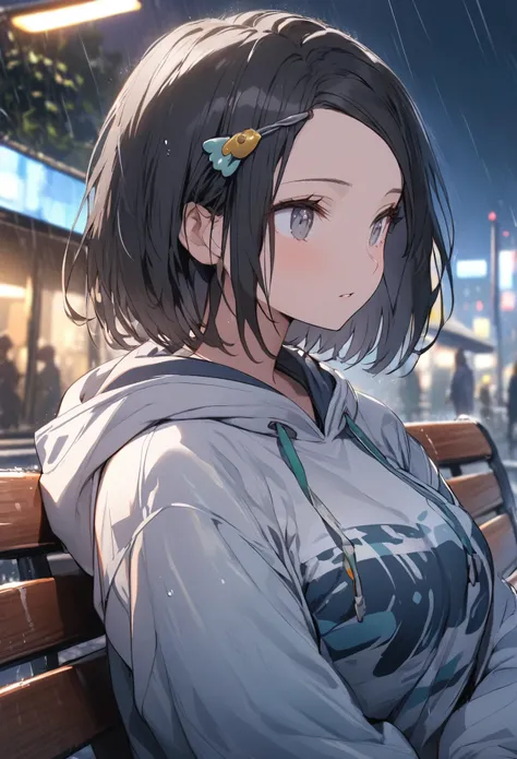 One Girl、hooded sweatshirt、One Curl Bob Cut、Highest quality、Black Hair、Big Breasts、look into the distance、(Show your forehead)、hairpin、look into the distance、Station、sit on a bench、nigth、(sigh)、(rain)