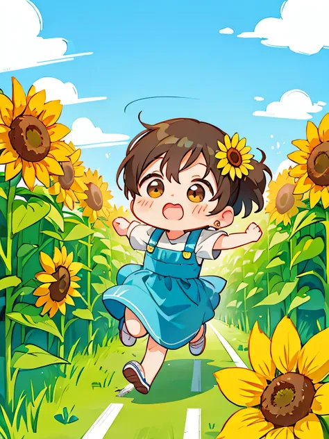 VERDY style, Cute design, The most beautiful woman、(((Chibi)))、(((running))), sunflower