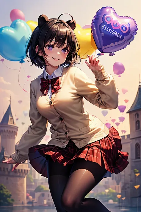 {worst quality, low-quality}, ((Close-up)), ((face focus)), ((Kemonomimi girl with black bear ears:1.2)), Alone, ((Black hair short:1.3)), plump and glossy lips, (Beautiful purple eyes:1.3), spoken word heart, (best smile), (Cute Pose:1.2), (school uniform...