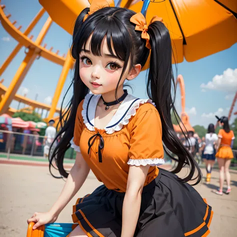 pretty girl、Twin tails、Black Hair、Bunny ears、Orange clothes、Blue Skirt、amusement park