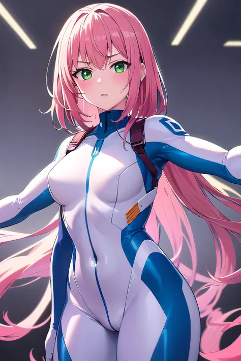 1girl,Samus aran,solo,green eyes, pink hair, forehead   hair, white zero suit,white body suit,purple stripes,cowboy shot,blush,,Science fiction,ultra-detailed,sharp focus,aesthetic,(best quality), white background, (ultra definition paint:1.2), sapphire bl...