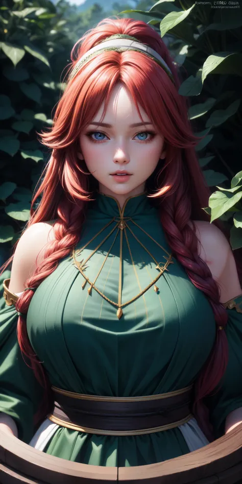 best quality, ultra high resolution, (photorealistic), anime character, 8k resolution, girl, medieval, (druid), random red hair, (ultra realistic hair), (ultra realistic eyes), (beautiful face) super detailed, beautiful eyes, beautiful mouth, big breasts, ...