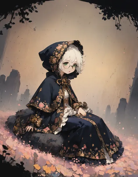 1girl\(cute, kid, white skin, pale skin,(wearing ((simple)) black hood:1.4),(black robe\(hood,white embroidery flower pattern, a...