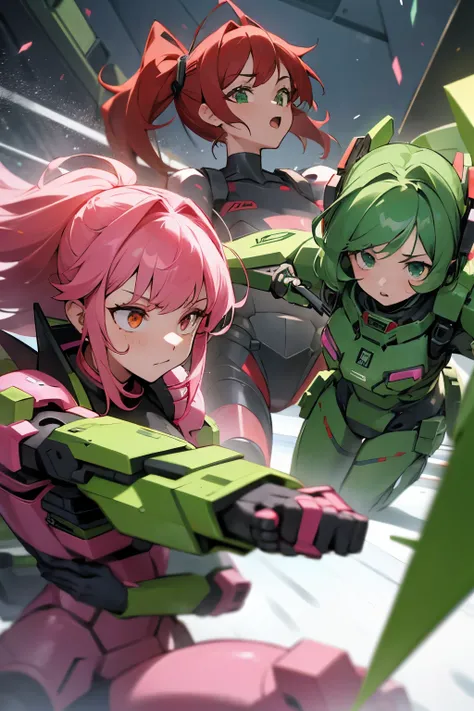 Three girls in battle suits
From left to right: green, red, pink