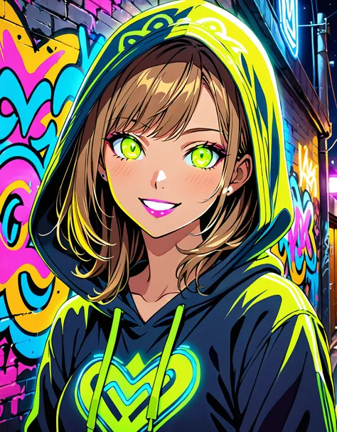 detailed background, masterpiece, best quality, smile, ornament, hoodie, portrait, yellow neon, graffiti, dark, night, glowing eyes, blacklight