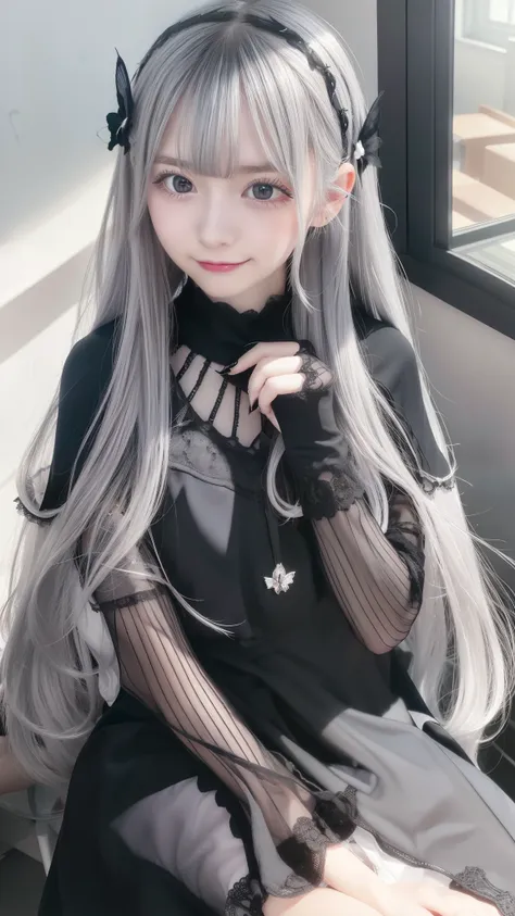 echidna, echidna, colorful eyelashes, gray hair, hair between the eyes, long hair, straight hair,
break black capelet, black dre...