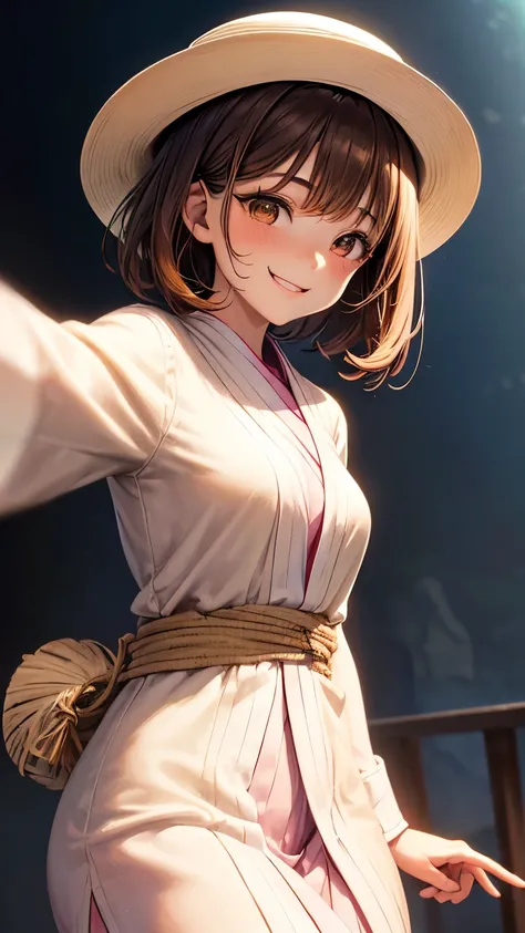 A 26 years old Japanese lady (( slender, small breast )),brown very wavy hair((voluminous))((extra very short hair)),((much shaggy forelock)),(( white cardigan)) ((pink tunic )), (( corners of her mouth are rising)), ((Panama hat))((peeking and toothy smil...