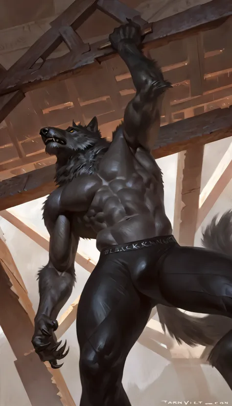 Black Wolf Knight Male Anthropologist, alone, arrogant expression, masterpiece, The best art, whole body, by Taran Violinist, Detailed eyes, detailed body, claws, high, top-less, Pecs, abdominals, standing body posture, . view from below, looking down, wol...