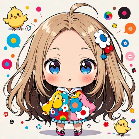 The hyper-realistic and colorful style of Takashi Murakami, Simple Line Acronym，Abstract art，(((The most beautiful girl ever))), Chibi, Cute design,  (((Cute chick)))