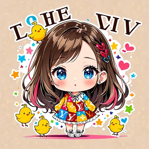 The hyper-realistic and colorful style of Louis Vuitton, Simple Line Acronym，Abstract art，(((The most beautiful girl ever))), Chibi, Cute design,  (((Cute chick)))