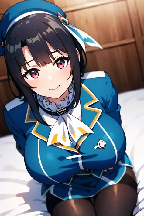 takao from kancolle、black bob hair、beautiful eyes、busty、huge and bouncy breasts、blushed cheeks、smile、hat、tights、sitting on bed i...