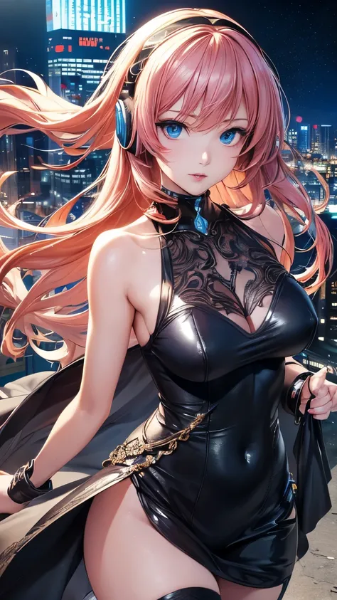 megurine luka，pink long hair，((lukadef, headphones, pelvic curtain, thighhighs))，((clear blue eyes))，((cyberpunk art))，((4k，8k，c...