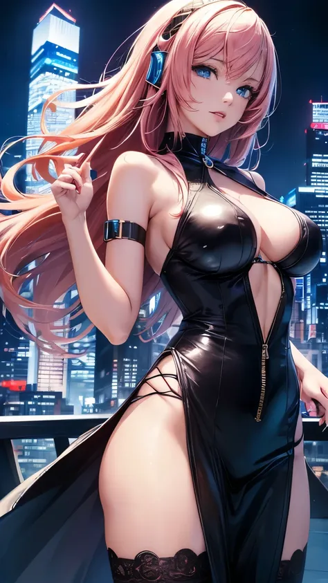 Megurine Luka，Pink long hair，((Lukadef, headphones, pelvic curtain, thighhighs))，((Clear blue eyes))，((Cyberpunk art))，((4K，8k，CG Unity，Masterpiece，masterpiece，Best Quality:1.5))，Official image，Perfectly correct anatomy，((Realistic:1.2))，Bust Up，((Staring ...