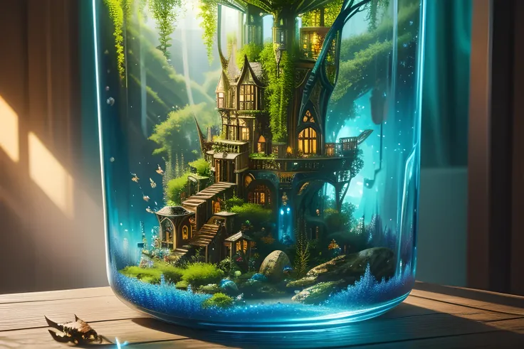 Steampunk style glass rocket, Showing the thriving ecosystem within the transparent walls, Floating gracefully in the vast space. The intricate details of the miniature world inside are fascinating - the little green forest, Sparkling River, and microscopi...