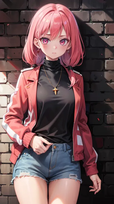 (masterpiece, best quality, 1 girl, solo, intricate details, chromatic aberration), realistic, ((medium breath)),long hair, red hair, red decoration on the head, pink highlights, amber eyes, earrings, sharp eyes, necklace, neon shirt, ripped shorts, unbutt...