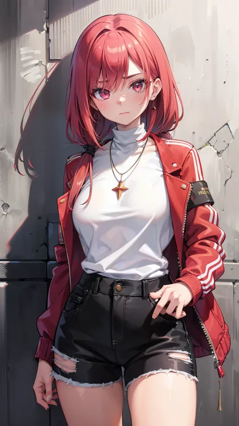 (masterpiece, best quality, 1 girl, solo, intricate details, chromatic aberration), realistic, ((medium breath)),long hair, red hair, red decoration on the head, pink highlights, amber eyes, earrings, sharp eyes, necklace, neon shirt, ripped shorts, unbutt...