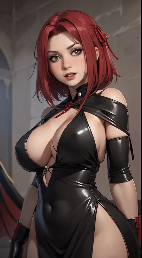 Masterpiece, Best Quality, Photorealistic,  Rayne, Black Dress, vampire fangs, hair ribbons, Average Breasts,, dripping from the mouth,Bloodrayne,