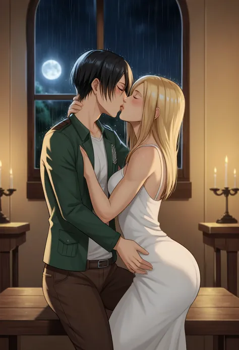 score_9, score_8_up, score_7_up, BREAK source_anime, historia reiss, blue eyes, blonde hair, long hair, medium breasts, long white dress sleeveless,female black hair soldier hugs historia,Mikasa with historia hugs,mikasa wreanig open green jacket and black...