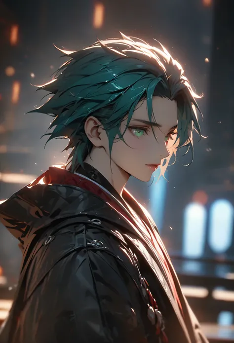 ((solo)), (male), green eyes, ((fluorescent blue hair)), short hair, spiky hair, (young adult), tall, fit, a close up of a person, detailed key anime art, casimir art, masamune shiro, masamune, handsome man in demon slayer art, heise jinyao, shadowverse st...