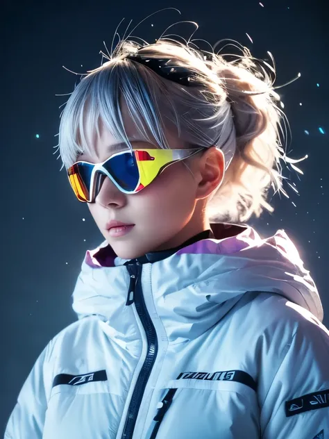 masterpiece, Highest quality, Extreme clarity, Platinum Silver Hair, Girl with curly ponytail, Petite figure, White functional skiwear, small, Blue-purple gradient ski goggles, Cyberpunk, Platinum Silver Hair, Natural casual style, Dynamic Stance, Golden S...