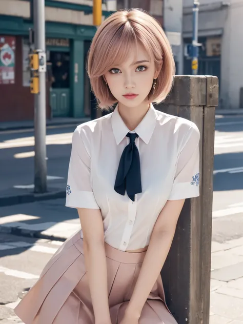 (office uniform:1.3), (((Very elegant and beautiful, Perfect detail, Very detailed))), whole body, Most detailed, Written boundary depth, Beautifully detailed whole body, Thin legs, 30 years old, Very short hair, cropped Hair, whitish pink hair, beautiful ...