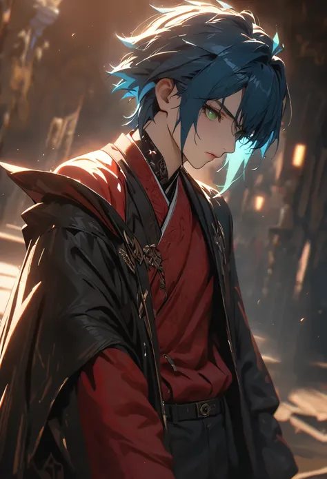 ((solo)), (male), green eyes, ((fluorescent blue hair)), short hair, spiky hair, (young adult), tall, fit, a close up of a person, detailed key anime art, casimir art, masamune shiro, masamune, handsome man in demon slayer art, heise jinyao, shadowverse st...