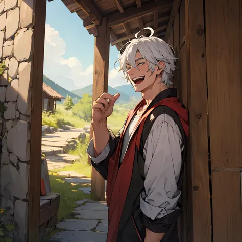 young hermit man with white hair laughing from the shoulder up