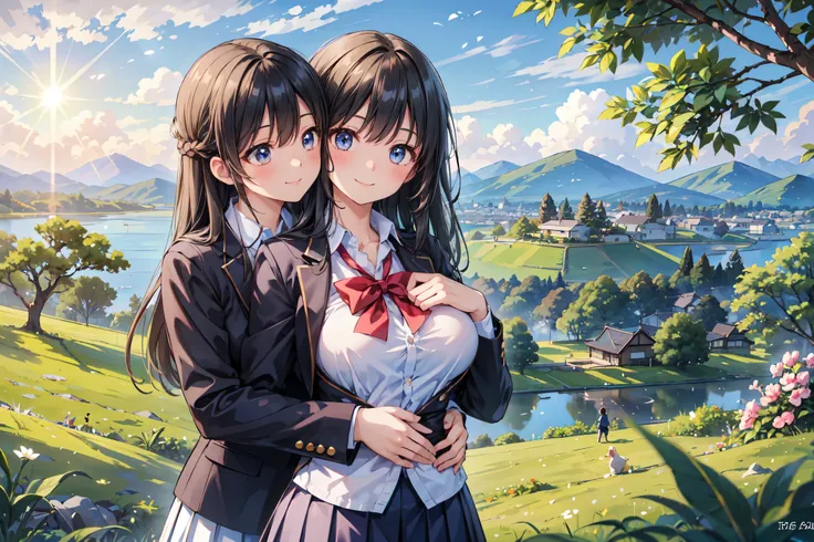 (((Masterpiece, 16k, Highest quality, Ultra-high resolution, Depth of subject))), ((Very detailed, Japanese countryside scenery)), (((High school girl in blazer uniform, 2 people, skirt, Big Breasts))), ((Beautiful girl in great detail)), (((Very accurate ...