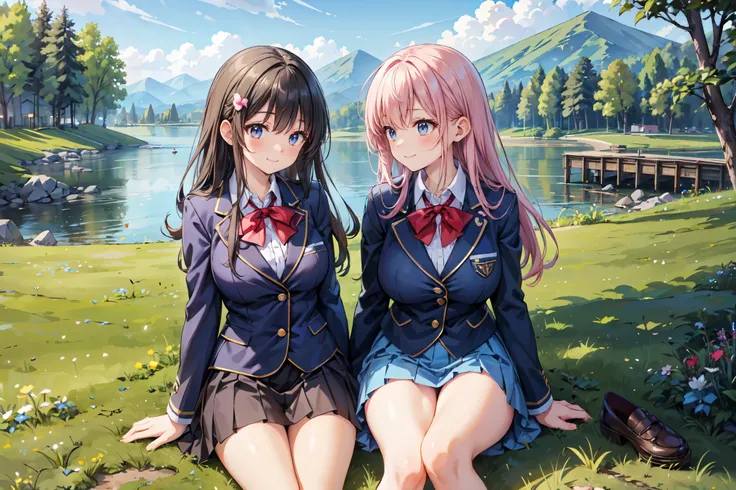 (((Masterpiece, 16k, Highest quality, Ultra-high resolution, Depth of subject))), ((Very detailed, Japanese countryside scenery)), (((High school girl in blazer uniform, 2 people, skirt, Big Breasts))), ((Beautiful girl in great detail)), (((Very accurate ...