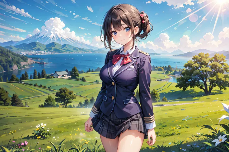 (((Masterpiece, 16k, Highest quality, Ultra-high resolution, Depth of subject))), ((Very detailed, Japanese countryside scenery)), (((High school girl in blazer uniform, 2 people, skirt, Big Breasts))), ((Beautiful girl in great detail)), (((Very accurate ...