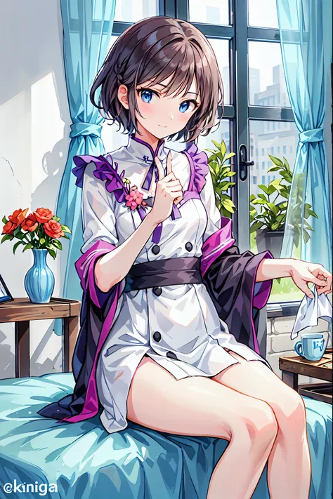 The best品質、Perfect body、Full Finger、Slender beauty、Very short hair、Knee-length、Small eyes、[bedroom、Hotel，Brown Hair，Shortcuts，Messy Hair，Short braided hair，Neat，Slender beauty，Dignified posture，Small breasts，Beautiful legs，Her charming grey-blue eyes shine...