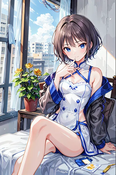 The best品質、Perfect body、Full Finger、Slender beauty、Very short hair、Knee-length、Small eyes、[bedroom、Hotel，Brown Hair，Shortcuts，Messy Hair，Short braided hair，Neat，Slender beauty，Dignified posture，Small breasts，Beautiful legs，Her charming grey-blue eyes shine...