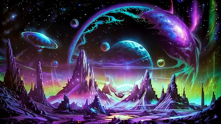 Stunningly detailed, surreal, magnificent cosmic mountainous landscape. Fluorescent, glowing neon art by Meowgres, Bob Layzell, Stanley Mouse, Jeff Soto. 8k resolution, holographic astral cosmic illustration, many planetary objects in the sky near and far,...