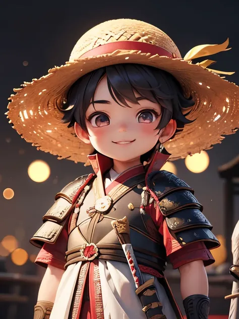 boy with straw hat smiling while standing in front of samurai armor, highly detailed face and expression, intricate details, vibrant colors, soft lighting, natural composition, detailed textures, beautiful bokeh, painting-like quality, sword