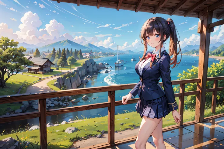 (((Masterpiece, 16k, Highest quality, Ultra-high resolution, Depth of subject))), ((Very detailed, Japanese countryside scenery)), (((High school girl in blazer uniform, 2 people, skirt, Big Breasts))), ((Beautiful girl in great detail)), (((Very accurate ...