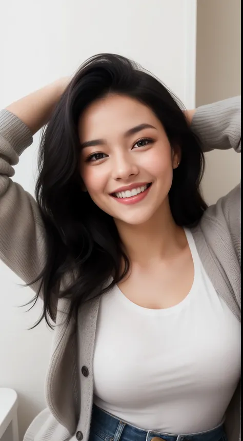 Amazing portrait of a sexy woman wearing her long straight luscious black hair, seductively gazing and smiling, soft lips, parted, blushing intensely, smiling, white t shirt, grey cardigan, baggy jeans, medium chest, perfect body