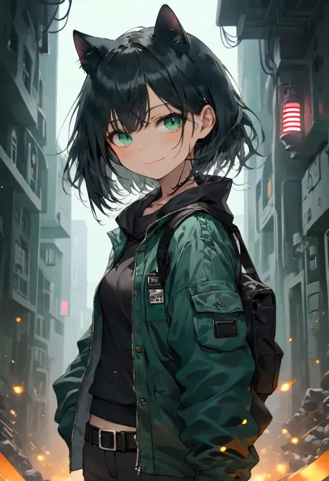 Anime style , girl , 22 years old , fighter , cat-girl, smirking , cute , middle part shadow fade haircut , black hair , Emerald eyes colour , bunker safeground surrounding background ,  full body clothing.