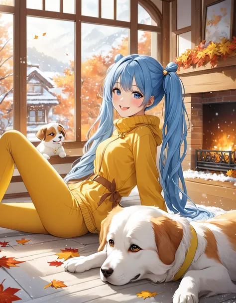 Light blue long hair、Beautiful girl with twin tails、Yellow outfit、Outside the large window, autumn leaves bloom　Snow is falling、Smiling and lying down with her dog in front of a fireplace in a bright room