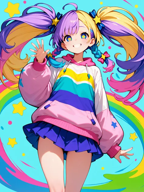 A cute and bubbly female character standing in a fun, energetic pose. She has big, sparkling eyes full of excitement, and her wavy pastel-colored hair is styled in playful pigtails, with cute accessories like bows and stars. She wears a trendy, colorful ou...