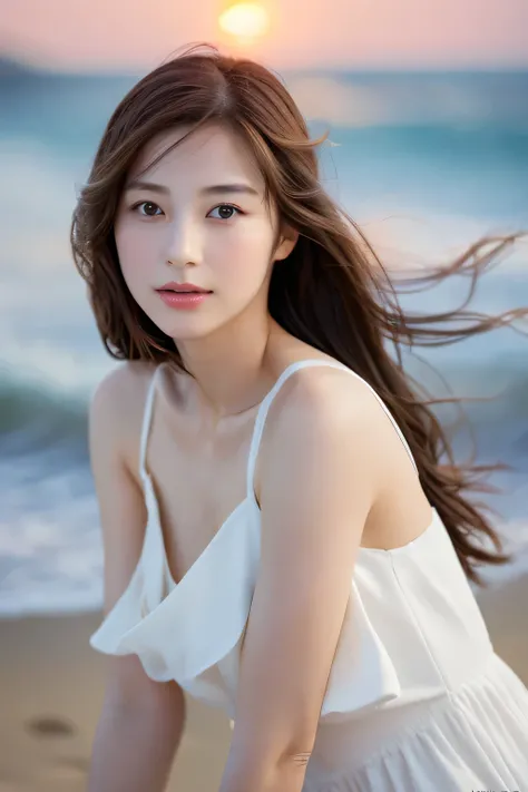 Create a high-quality, hyper-realistic portrait of a very beautiful Japanese idol. She is wearing a clean white summer dress and is squatting on the beach during sunset at sea. The deep indigo of the night sky contrasts with the last vestiges of crimson ne...