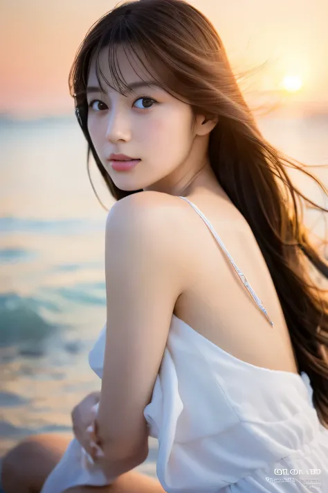 Create a high-quality, hyper-realistic portrait of a very beautiful Japanese idol. She is wearing a clean white summer dress and is squatting on the beach during sunset at sea. The deep indigo of the night sky contrasts with the last vestiges of crimson ne...