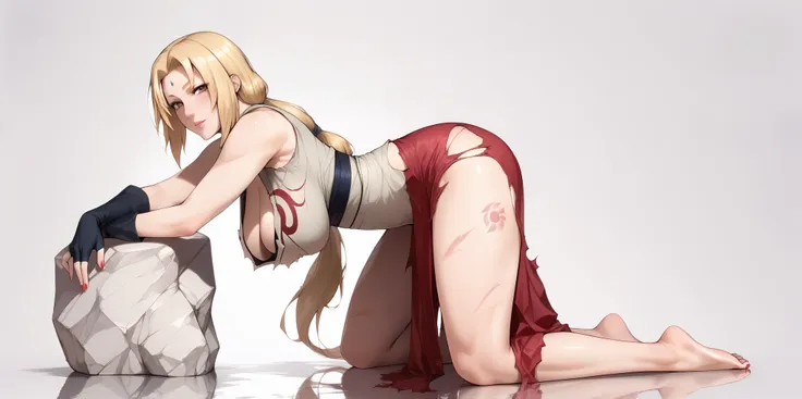 (asura art style:0.7), score_7_up, score_5_up, uncensored, tsunade from naruto, blonde hair, long hair, low ponytail, parted ban...