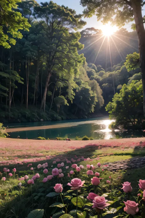 Acampamento em Floresta na beira de um grande Lake, rose, sun coming through the treetops, nature, Lake, Lakea, birds, bando de birds, flores, rose