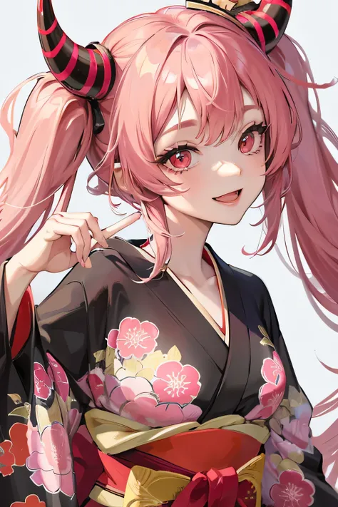 One Girl, Long Hair, smile, Twin tails、Pink Hair, Vertical Roll, Two horns on the head, smile, Red eyes、kimono