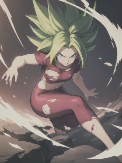 xyzkefla, super_saiyajin, green_Hair, green_eyes, 1 , nailed_Hair, Energy, torn_clothes, joy, aura, leggings, red clothes, dramatic, one-legged kangaroo position, cliff, looking at the viewer, ((perfect hand)), flying