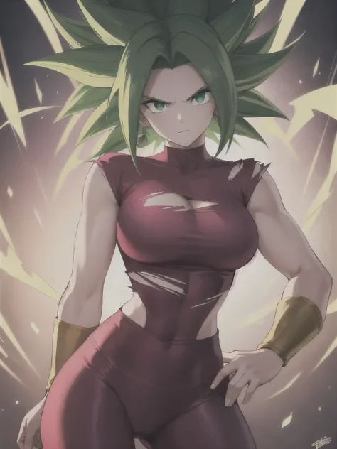 xyzkefla, super_saiyajin, green_hair, green_eyes, 1 , nailed_hair, energy, torn_clothes, joy, aura, leggings, red clothes, drama...