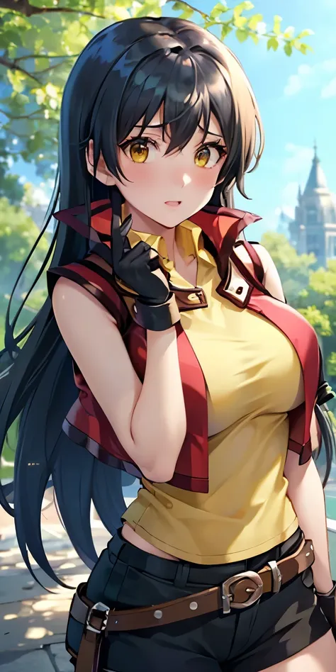 1 female,high definition,high resolution,ultra-realistic,8k, hmrei, long hair, black hair,yellow eyes,red jacket ,collared shirt...